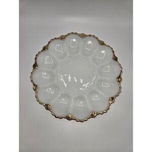Vintage Anchor Hocking White & Gold Milk Glass Dish Deviled Egg Plate Tray